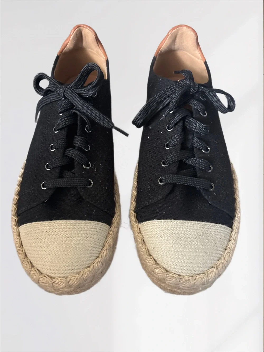 Paolo Black Espadrille Platform Sneakers with Cream Toe and Tan Heel Size 8.5